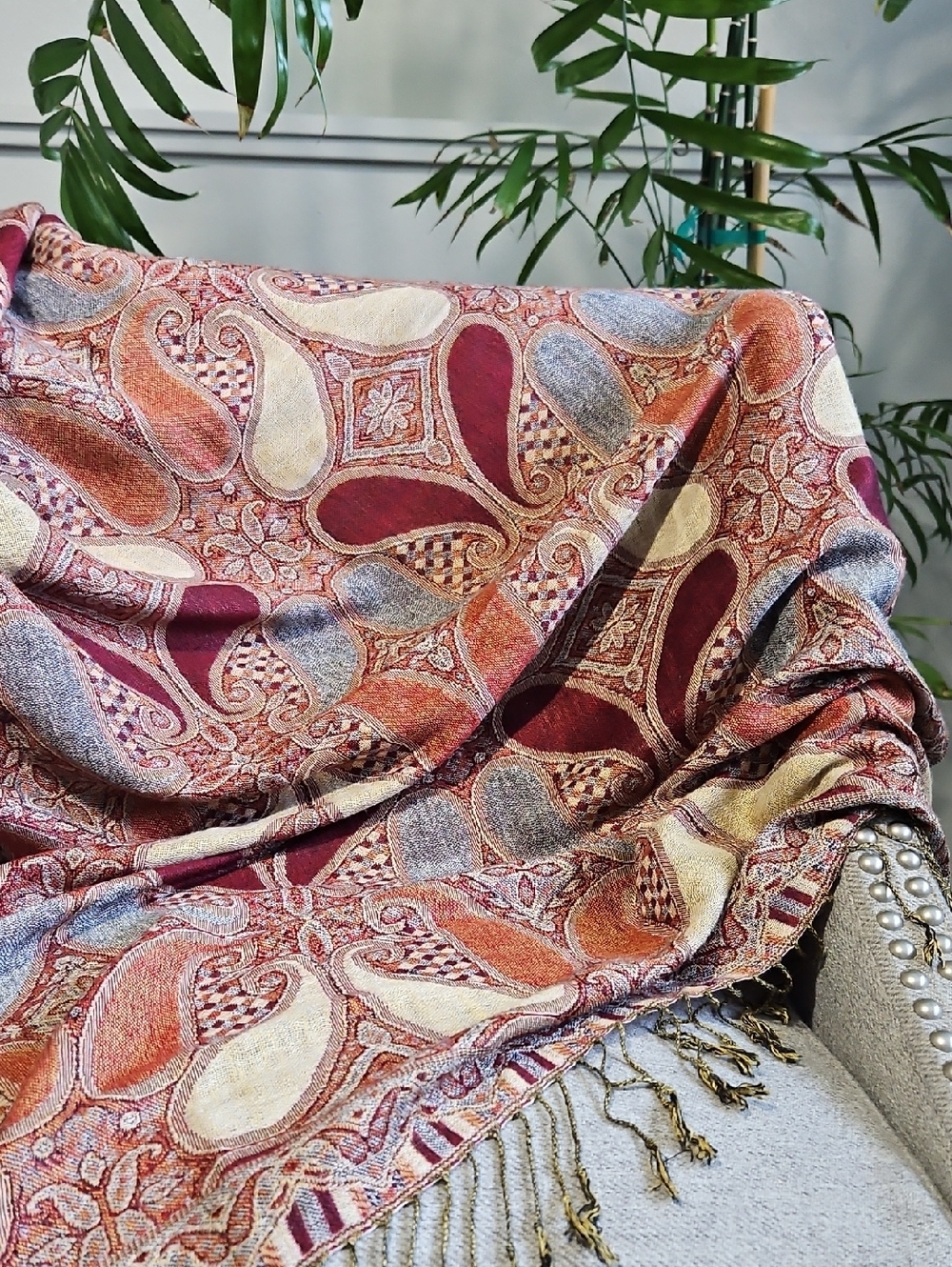 pashmina Paisley Pattern Scarf in Burgundy, Rust & Light Blue